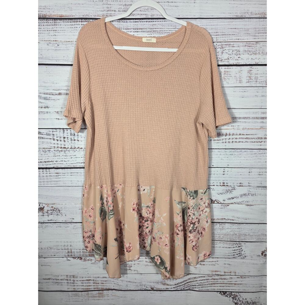 Oddy Women's 3XL Waffle Knit Swing Tunic Top Floral Hem Short Sleeve Plus Size
